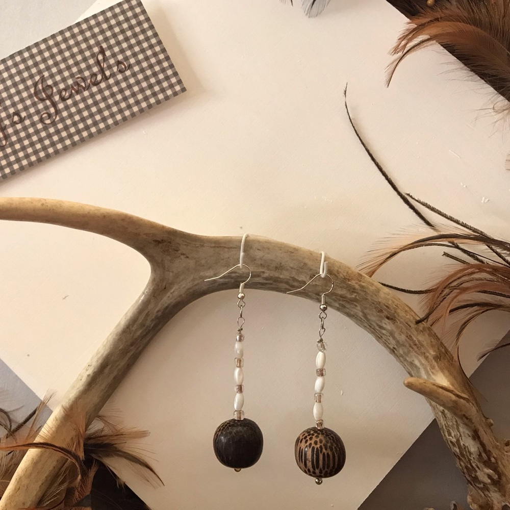 Wood and glass bead earrings